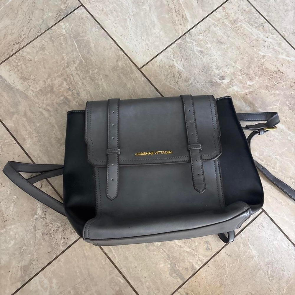 Adrienne Vittadini Womens Backpack Black Grey Gold Logo Flap Top Bag